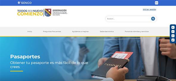 Vista de la página de inicio de la plataforma de pasaportes de San Andrés Vista del sitio web de pasaportes